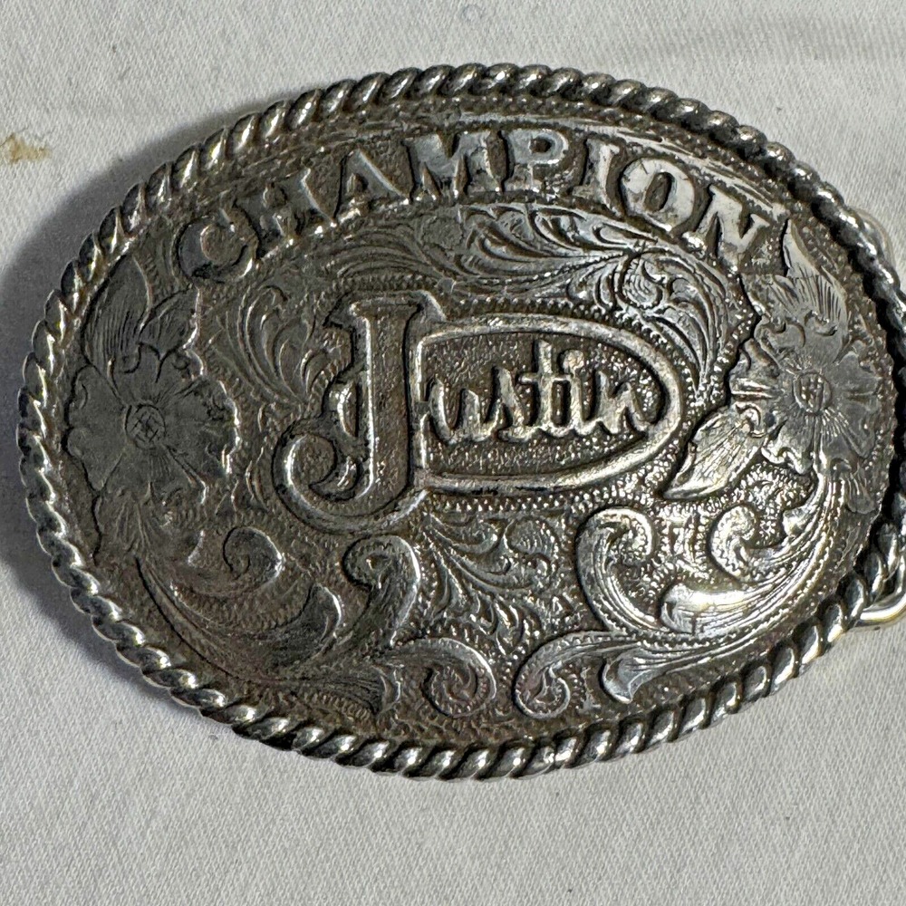 Justin Belt Buckle Champion Small 2.75" Silver Tone Floral‎